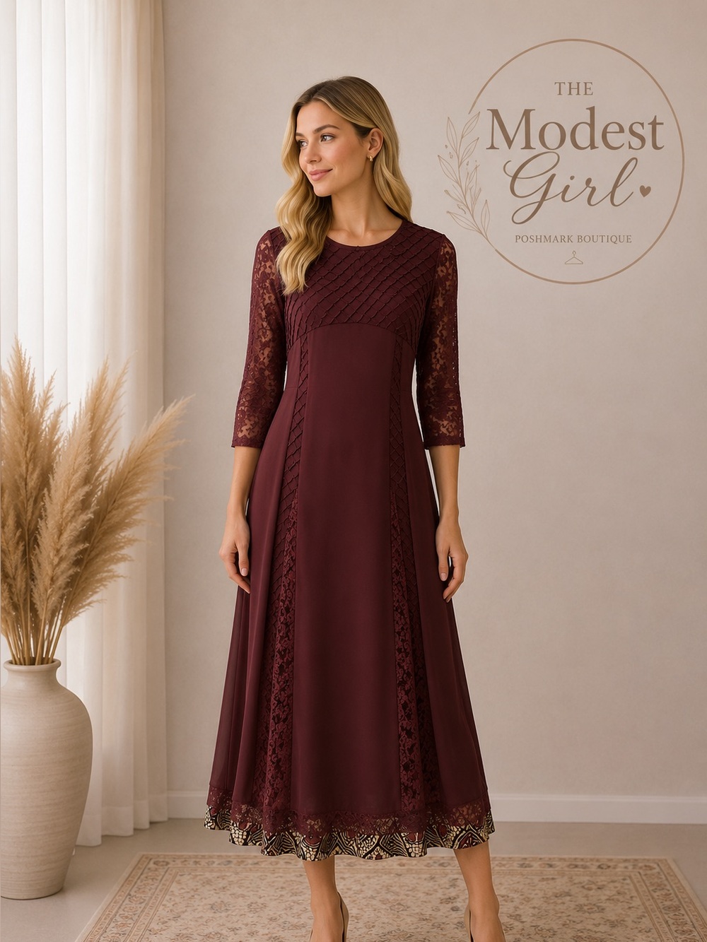 Modest A-Line Lace Panel Midi Dress - Burgundy